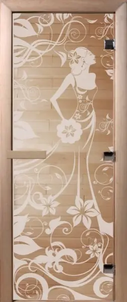 Дверь для сауны DoorWood Девушка в цветах, 700мм х 2100мм, без порога, прозрачная, коробка ольха