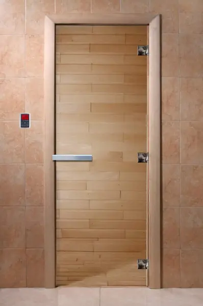Дверь для сауны DoorWood, 700мм х 2100мм, без порога, прозрачная, коробка ольха