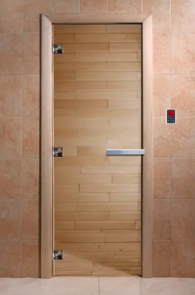 Дверь для сауны DoorWood, 800мм х 2000мм, без порога, прозрачная, коробка ольха