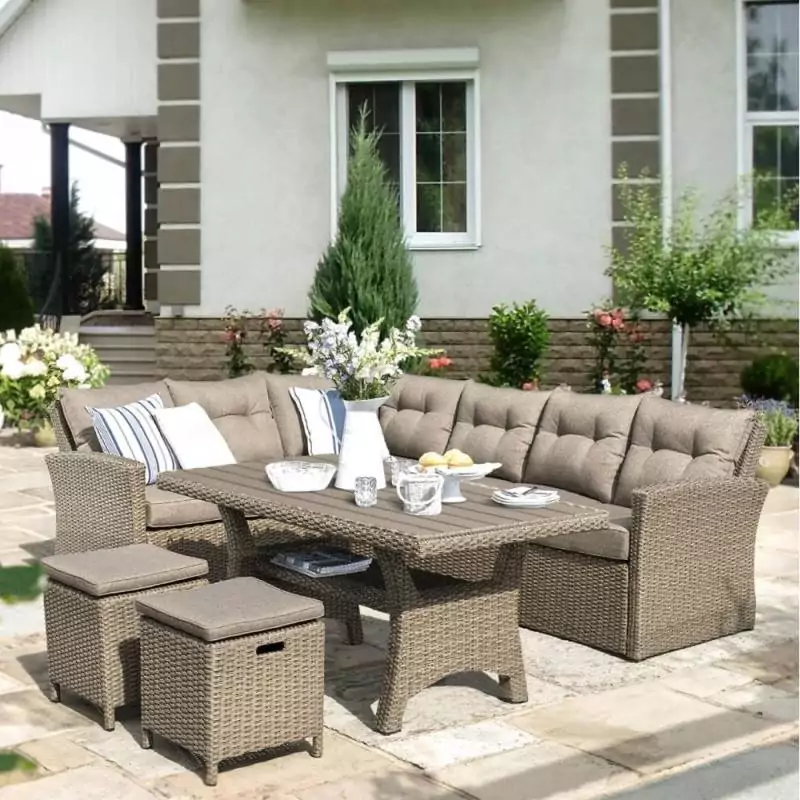 Обеденная группа плетеной мебели AFM-307B Beige из искусственного ротанга - угловой диван, стол, 2 пуфика с подушками.