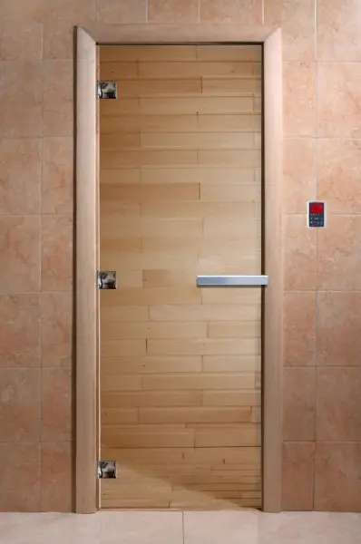 Дверь для сауны DoorWood, 900мм х 2100мм, без порога, прозрачная, коробка ольха