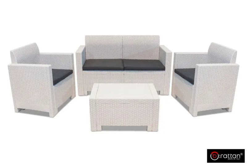 Белый комплект пластиковой мебели (столик, диван и 2 кресла) Rattan Nеbraska на 2 персоны с зелеными подушками