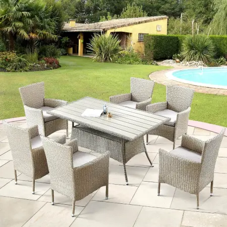 Обеденный комплект плетеной мебели из искусственного ротанга AFM-195-6Pcs Beige (6 кресел и стол), бежевый цвет