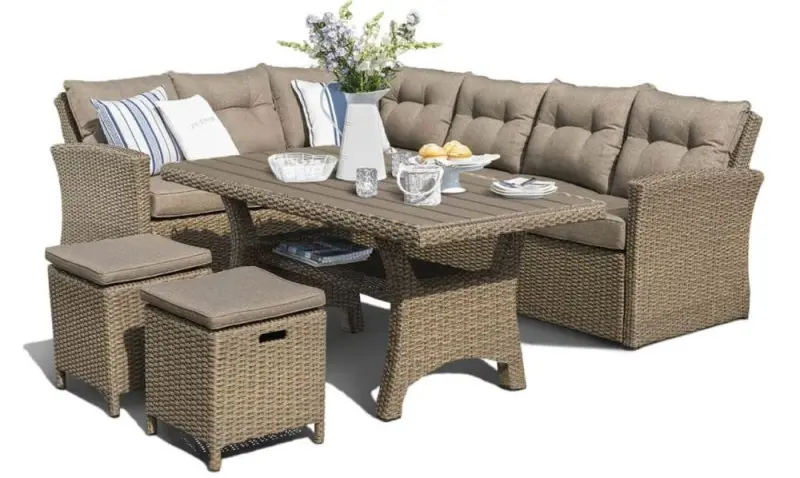 Обеденная группа плетеной мебели AFM-307B Beige из искусственного ротанга - угловой диван, стол, 2 пуфика с подушками.