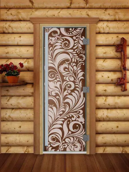 Дверь для сауны DoorWood Престиж Хохлома, 700мм х 1900мм, с порогом, бронза, коробка ольха
