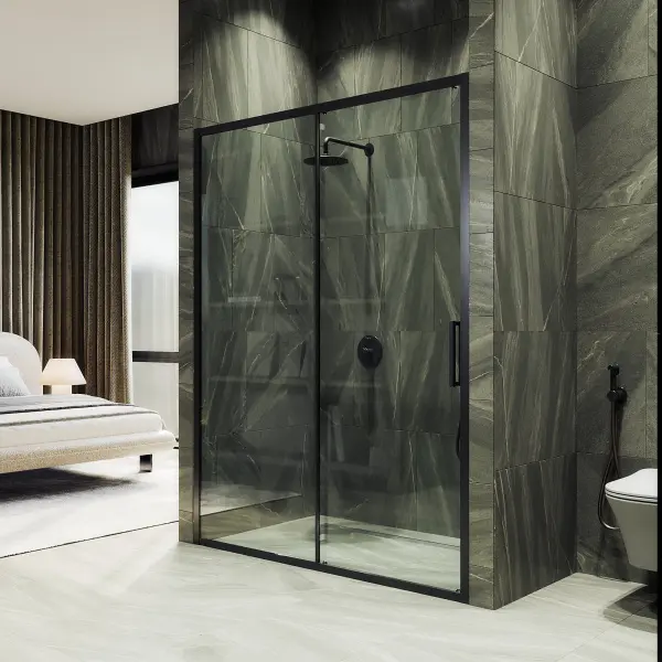 Душевая дверь раздвижная MaybahGlass MGD-1276-6, 120x195 см, черный профиль, стекло прозрачное 