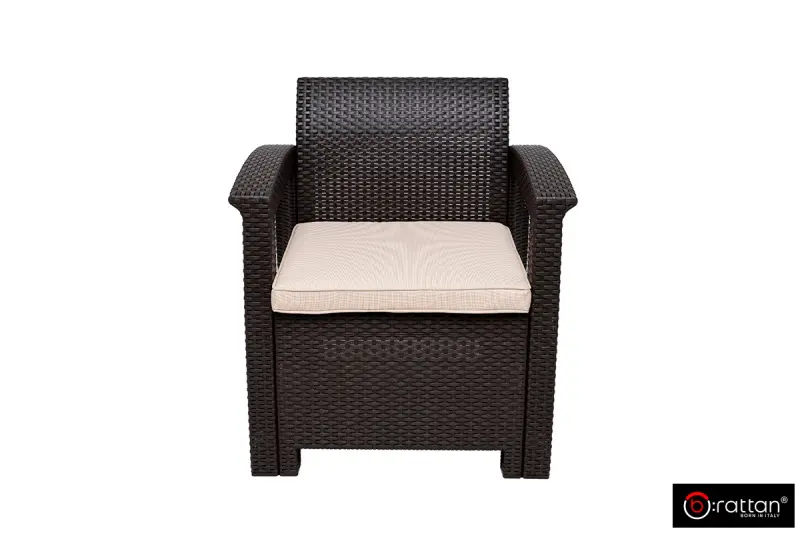 Коричневый комплект пластиковой мебели для терасы B:Rattan Comfort 4 на 4 персоны - столик, кресла и диван