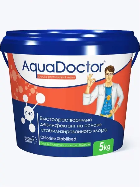 Дезинфектант для бассейна на основе хлора быстрого действия AquaDoctor C-60T, таблетки, 5 кг.