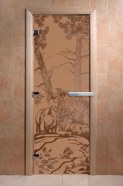Дверь для сауны DoorWood Мишки, 800мм х 1900мм, без порога, бронза матовая, коробка ольха