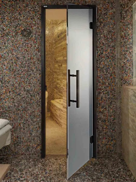 Дверь для турецкой парной GRANDIS DB 7x19 (680мм х 1890мм), черный профиль, стекло графит