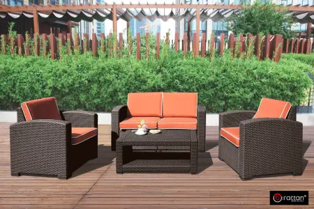 Темно коричневая пластиковая мебель под ротанг B:Rattan Premium на 4 персон - столик, диван и 2 кресла с оранжевым подушками