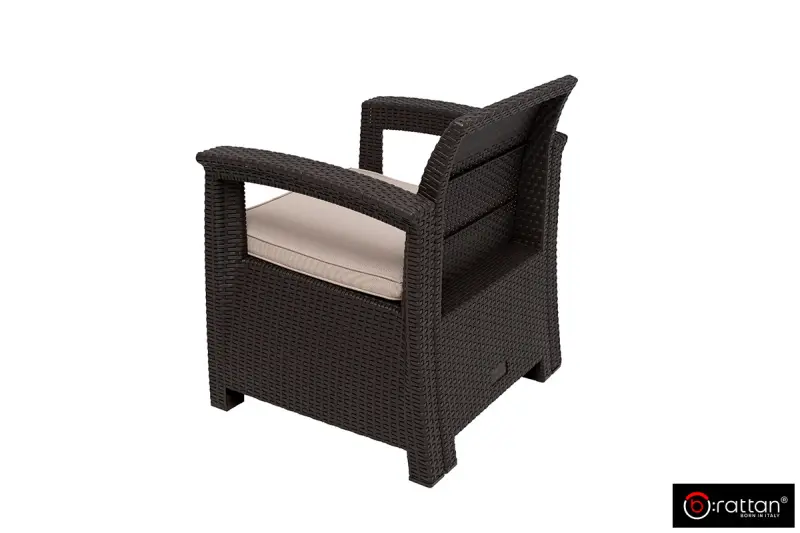 Коричневый комплект пластиковой мебели для терасы B:Rattan Comfort 4 на 4 персоны - столик, кресла и диван