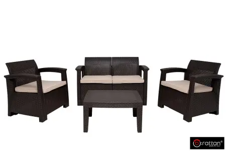Коричневый комплект пластиковой мебели для терасы B:Rattan Comfort 4 на 4 персоны - столик, кресла и диван