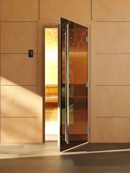 Дверь для сауны DoorWood Престиж PRO, 800 х 2000 мм, с порогом, бронза, коробка ольха