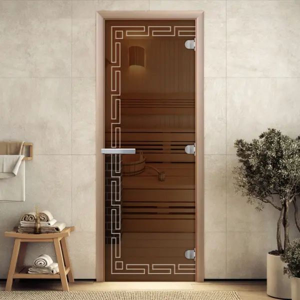 Дверь для сауны DoorWood Греция, 700мм х 1900мм, без порога, бронза, коробка ольха