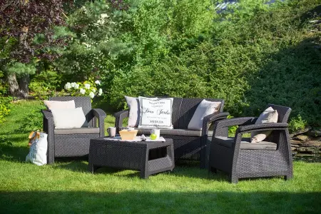 Комплект мебели из пластика под ротанг Keter Corfu Set, темно серый - диван, 2 кресла и журнальный столик