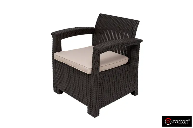 Коричневый комплект пластиковой мебели для терасы B:Rattan Comfort 4 на 4 персоны - столик, кресла и диван
