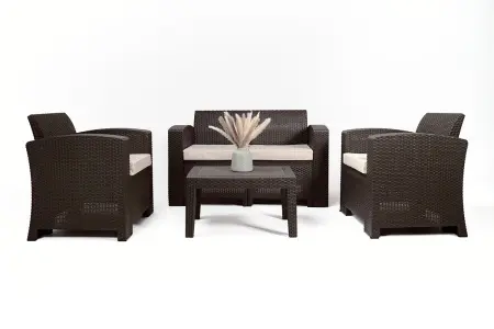 Комплект пластиковой мебели под ротанг B:Rattan Premium Set, темно коричневый цвет - диван, 2 кресла и столик