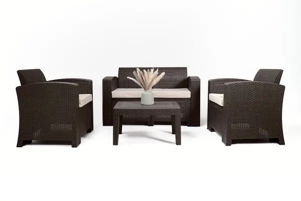 Комплект пластиковой мебели под ротанг B:Rattan Premium Set, темно коричневый цвет - диван, 2 кресла и столик