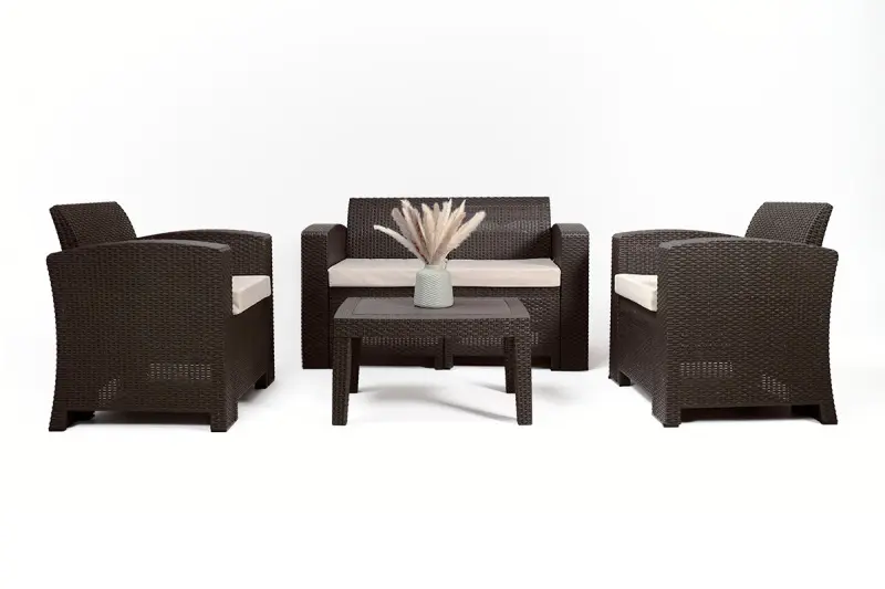 Комплект пластиковой мебели под ротанг B:Rattan Premium Set, темно коричневый цвет - диван, 2 кресла и столик