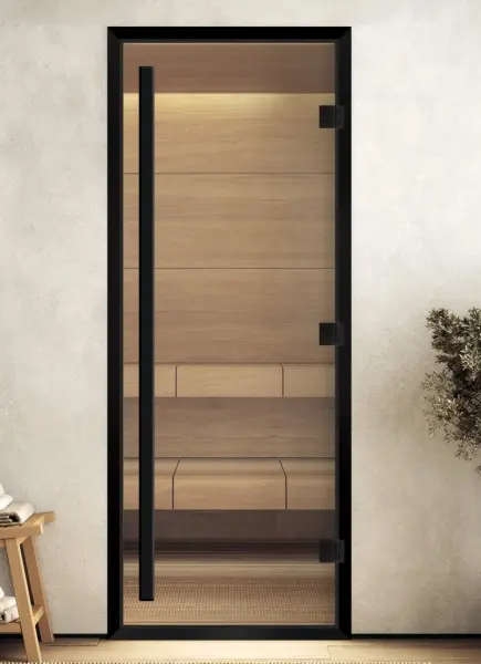 Дверь для турецкой парной DoorWood Prestige 700мм х 1900мм, черный профиль, стекло прозрачное