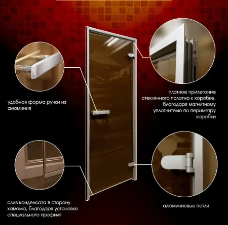 Дверь DoorWood Hamam Light 1900х700 мм для хамама, коробка алюминий, без порога, стеклянная прозрачная