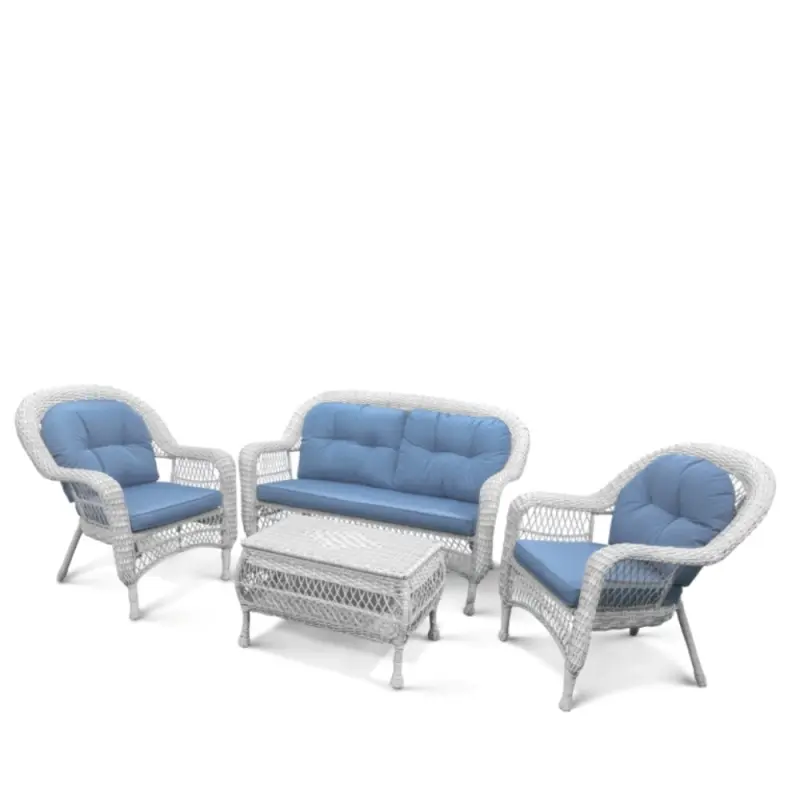 Мебель для отдыха из искусственного ротанга в классическом стиле LV-520 White/Blue, цвет белый и голубые подушки (диван, кресла 2шт, журнальный столик)