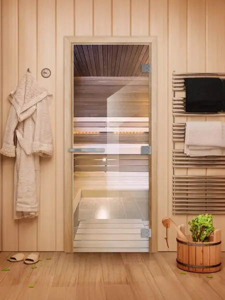 Дверь для сауны DoorWood Эталон, 800 х 2000 мм, без порога, прозрачное, коробка осина