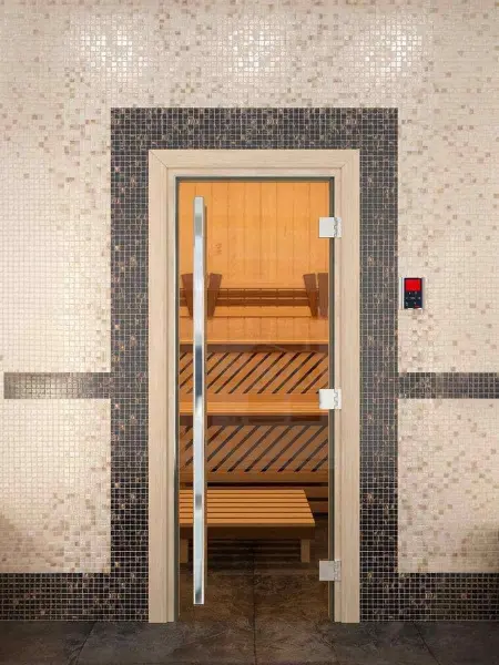 Стеклянная дверь DoorWood Престиж для бани, 700 х 1900 мм, с порогом, прозрачная, коробка ольха