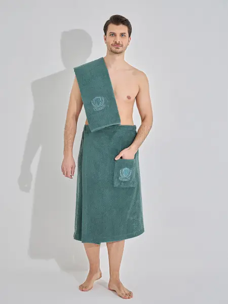 Набор для сауны подарочный килт и полотенце махровый мужской KARNA ARMEN 1/2, хаки зеленый