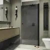 Душевая дверь на длинной петле, черный профиль, стекло прозрачное, матовый свинец