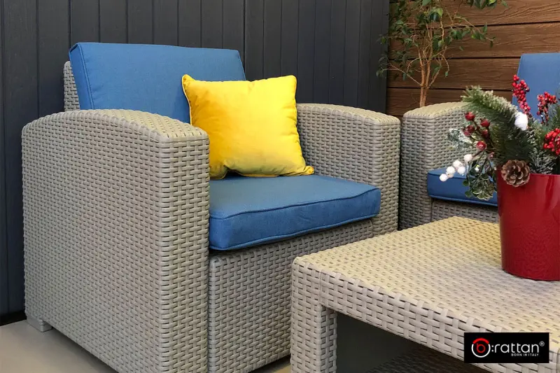 Пластиковая мебель B:Rattan Premium на 4 персоны, цвет серый с синими подушками - диван, 2 кресла и столик