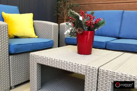 Пластиковая мебель B:Rattan Premium на 4 персоны, цвет серый с синими подушками - диван, 2 кресла и столик