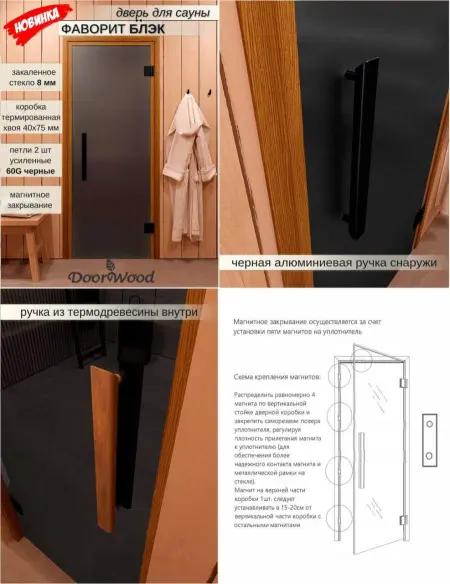 Дверь для сауны DoorWood Favorit Black, 700мм х 1900мм, без порога, графит