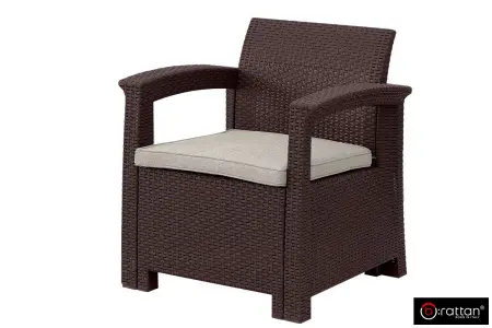 Коричневый комплект пластиковой мебели для терасы B:Rattan Comfort 4 на 4 персоны - столик, кресла и диван