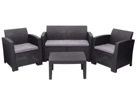 Комплект садовой пластиковой мебели под ротанг для отдыха на даче B:Rattan Arizona 4 Set, графит, двухместный диван, столик и 2 кресла.