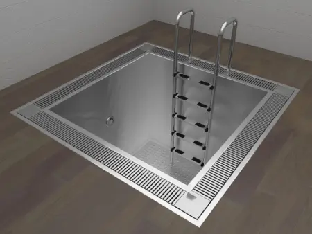 Купель квадратная KUP-KVP из нержавеющей стали AISI-316L  Д=1,38 Ш=1,38 В=1,4 (переливная)