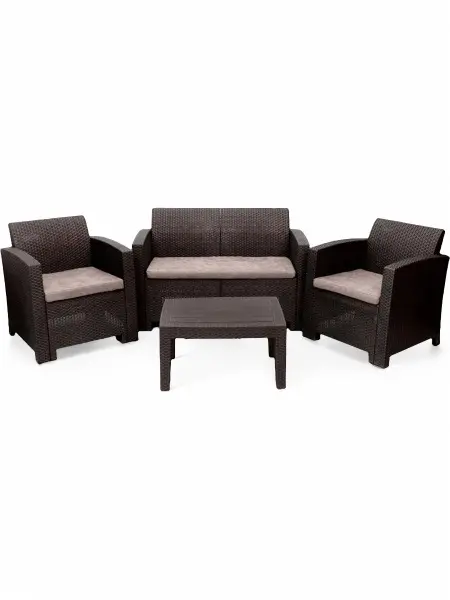 Комплект пластиковой мебели под ротанг для активного отдыха дома B:Rattan Arizona 4 Set, коричневый - 2х местный диван, столик и 2 кресла
