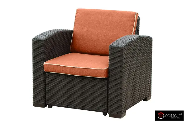Темно коричневая пластиковая мебель под ротанг B:Rattan Premium на 4 персон - столик, диван и 2 кресла с оранжевым подушками