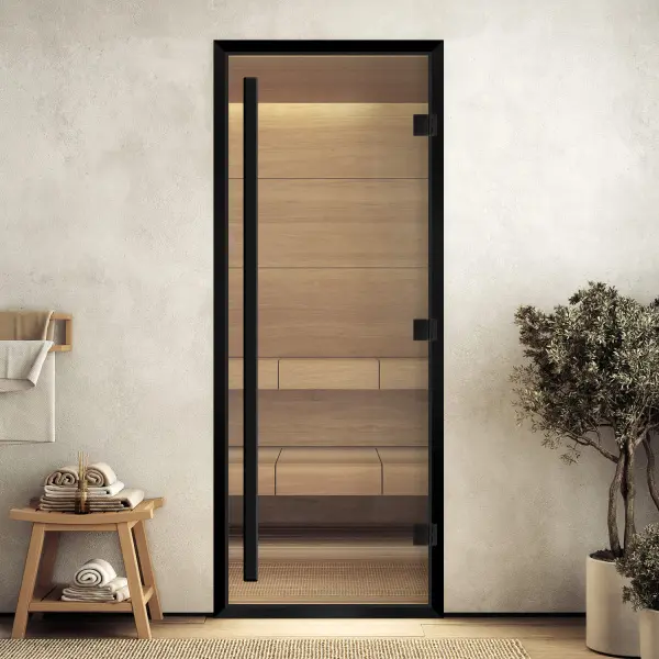 Дверь для турецкой парной DoorWood Prestige 700мм х 1900мм, черный профиль, стекло прозрачное