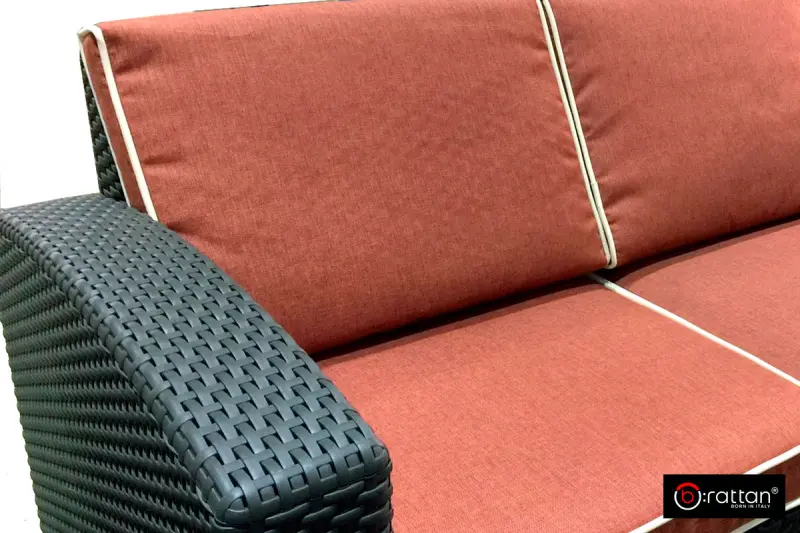 Темно коричневая пластиковая мебель под ротанг B:Rattan Premium на 4 персон - столик, диван и 2 кресла с оранжевым подушками