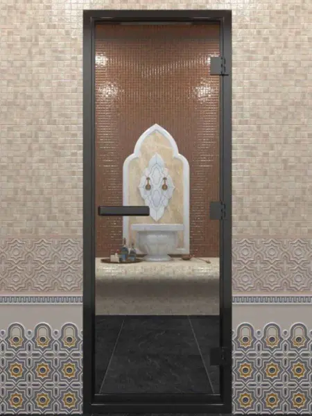 Дверь DoorWood бронза, коробка алюминий, 800 х 2000 мм, черный профиль, стекло, для хамама