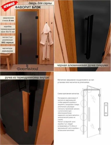 Дверь для сауны DoorWood Favorit Black, 700мм х 1900мм, без порога, графит матовое