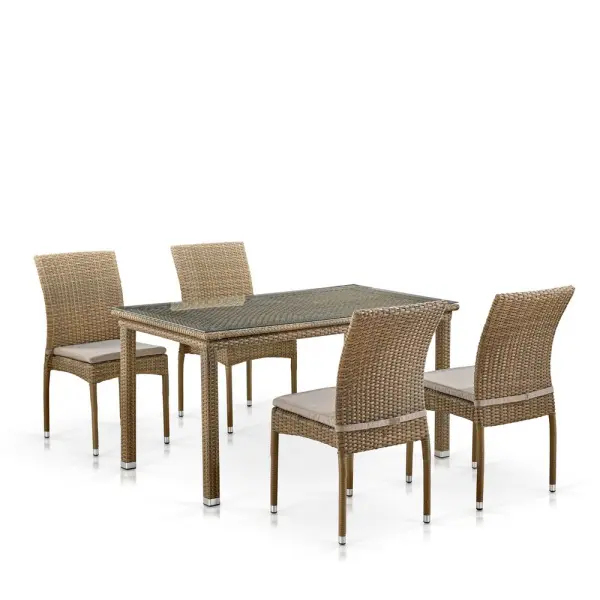 Обеденная группа мебели из искусственного ротанга T256B/Y380B-W65 Light Brown (4 стула+стол) светло бежевый цвет
