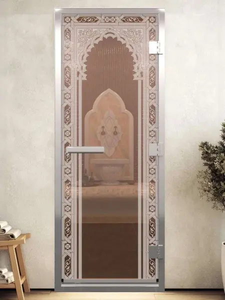 Стеклянная дверь DoorWood бронза для хамама, 700 мм х 1900 мм, рисунок - восточная арка
