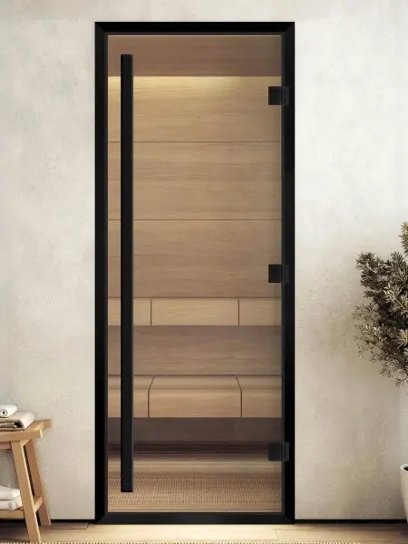 Дверь для турецкой парной DoorWood Prestige 700мм х 1900мм, черный профиль, стекло прозрачное