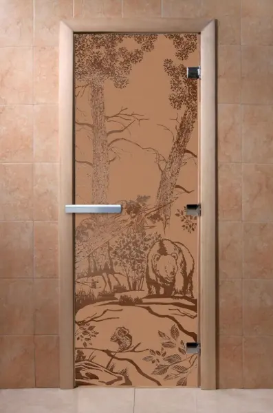 Дверь для сауны DoorWood Мишки, 800мм х 1900мм, без порога, бронза матовая, коробка ольха