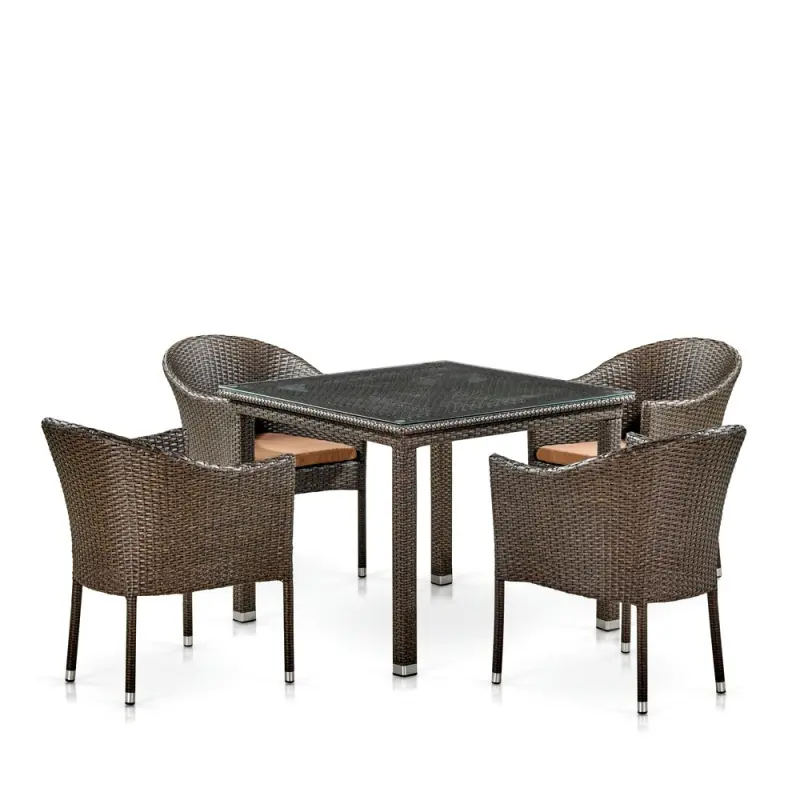 Мебель для лаунж зоны из искусственного ротанга T257A/Y350A-W53 Brown - квадратный стол и 4 кресла коричневого цвета