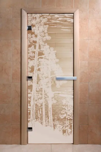 Дверь стеклянная для сауны DoorWood с рисунком Рассвет, 700 х 1900 мм, без порога, прозрачная, коробка ольха